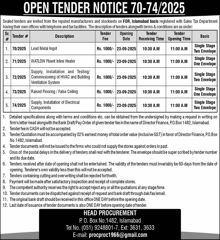 FOR Islamabad Tender Notice